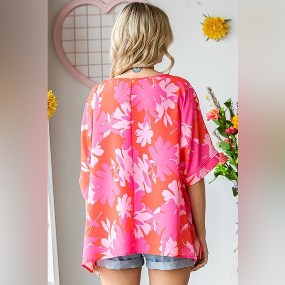 First Love Slit Printed Round Neck Half Sleeve Blouse - Picture 2 of 4